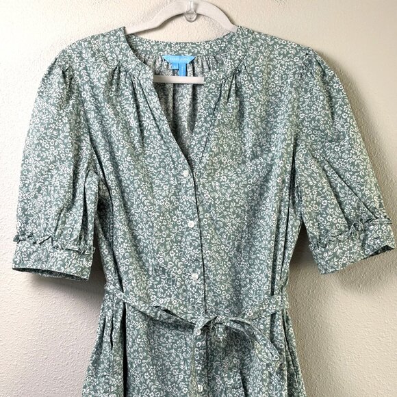 Draper James Midi Dress Womens L Green White Floral Pockets Belt Ruffle Cottage - Picture 2 of 13